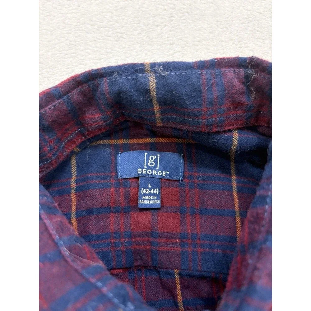 George Flannel Plaid Button-Up Shirt Mens L 42-44 Long Sleeve Red&Blue Pockets